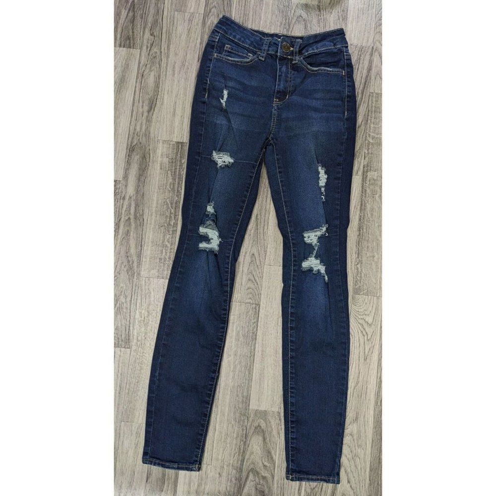 (3/$35) SO Size 1 / 25 High Rise Skinny Distressed Whiskered Denim Blue Jeans